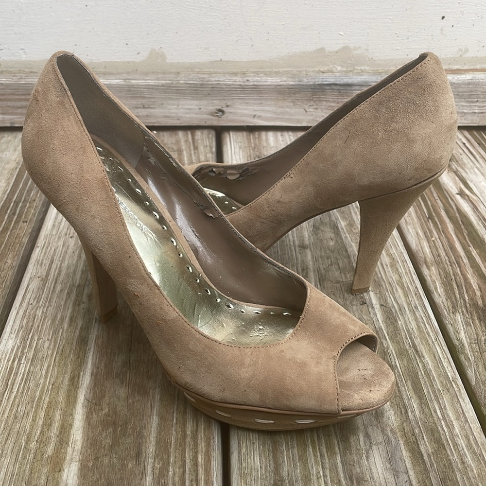 BCBGeneration Tan Suede Open-Toe Platform Heels Size 8